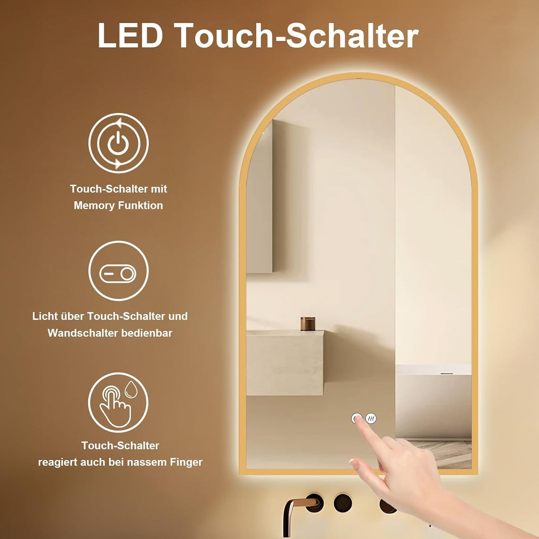 Gold Badspiegel Led Beleuchtung Arch 60x100/100x60cm, Wandspiegel mit Antibeschlag und mit Touch Sch