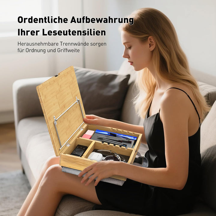 AboveTEK Buchständer zum Lesen mit Aufbewahrung, verstellbarer Bambus-Buchhalter mit weichem Schossk