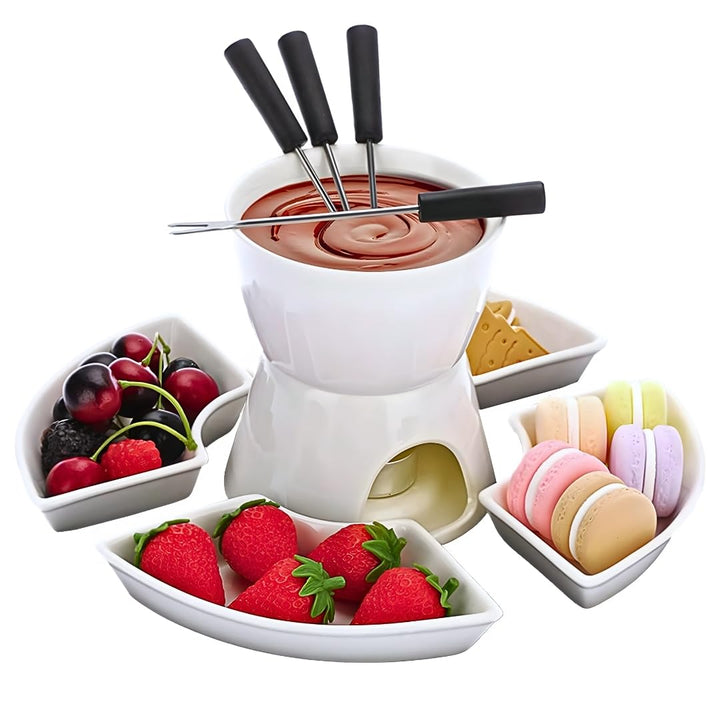 Homezone 10 Stk weisse Keramik Teelicht Kerze Käse/Schokoladen-Fondue Set mit 4 Küche und Edelstahl