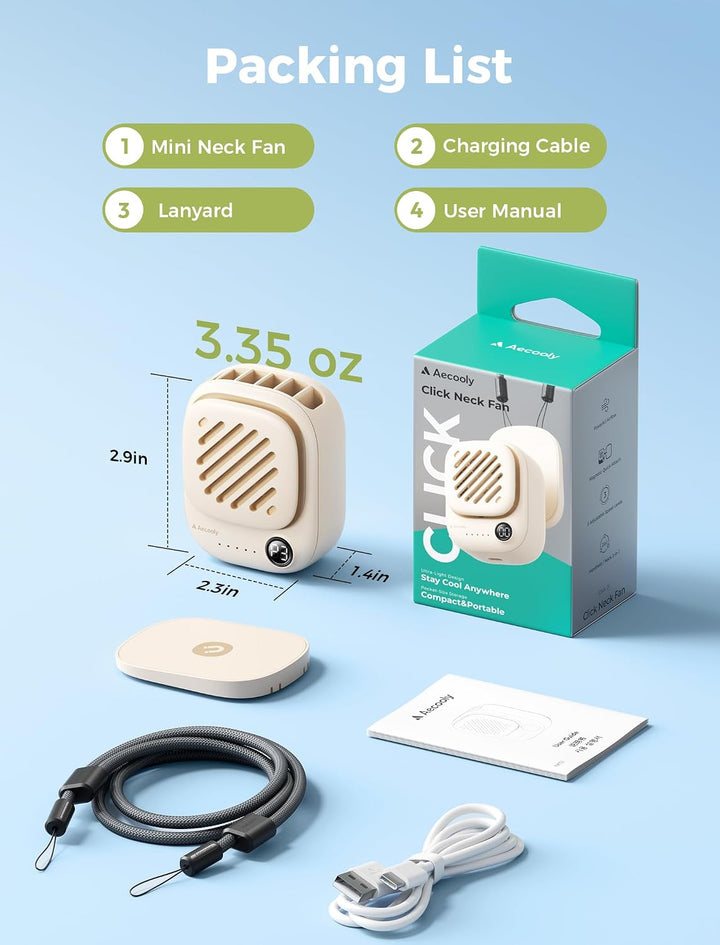 Aecooly Mini Tragbarer Nackenventilator, Starker magnetischem Design | Halsventilator mit LED-Anzeig