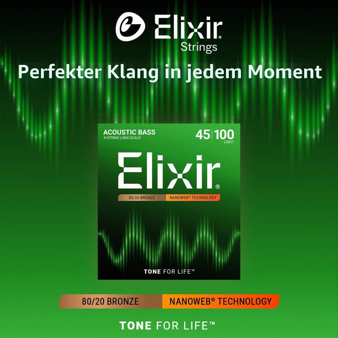 Elixir® Saiten 80/20 Bronze-Akustik 4-str. Basssaiten mit NANOWEB® Beschichtung, Long Scale, Light (
