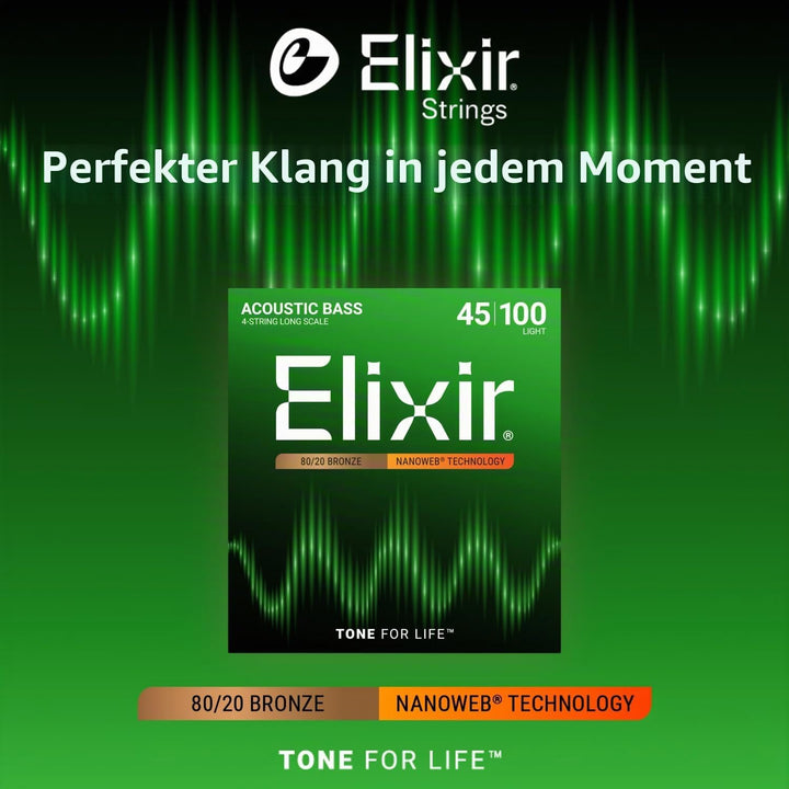 Elixir® Saiten 80/20 Bronze-Akustik 4-str. Basssaiten mit NANOWEB® Beschichtung, Long Scale, Light (