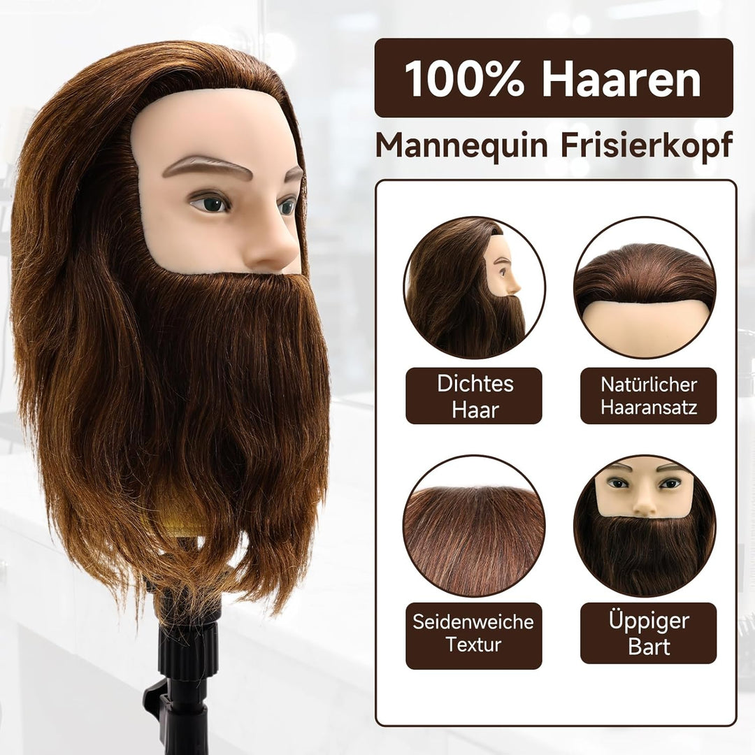 TwoWin 12 Zoll (30.5 cm) Mann Frisierkopf 100% Echthaar mit Bart, Frisurenkopf Männlicher Haarschnit