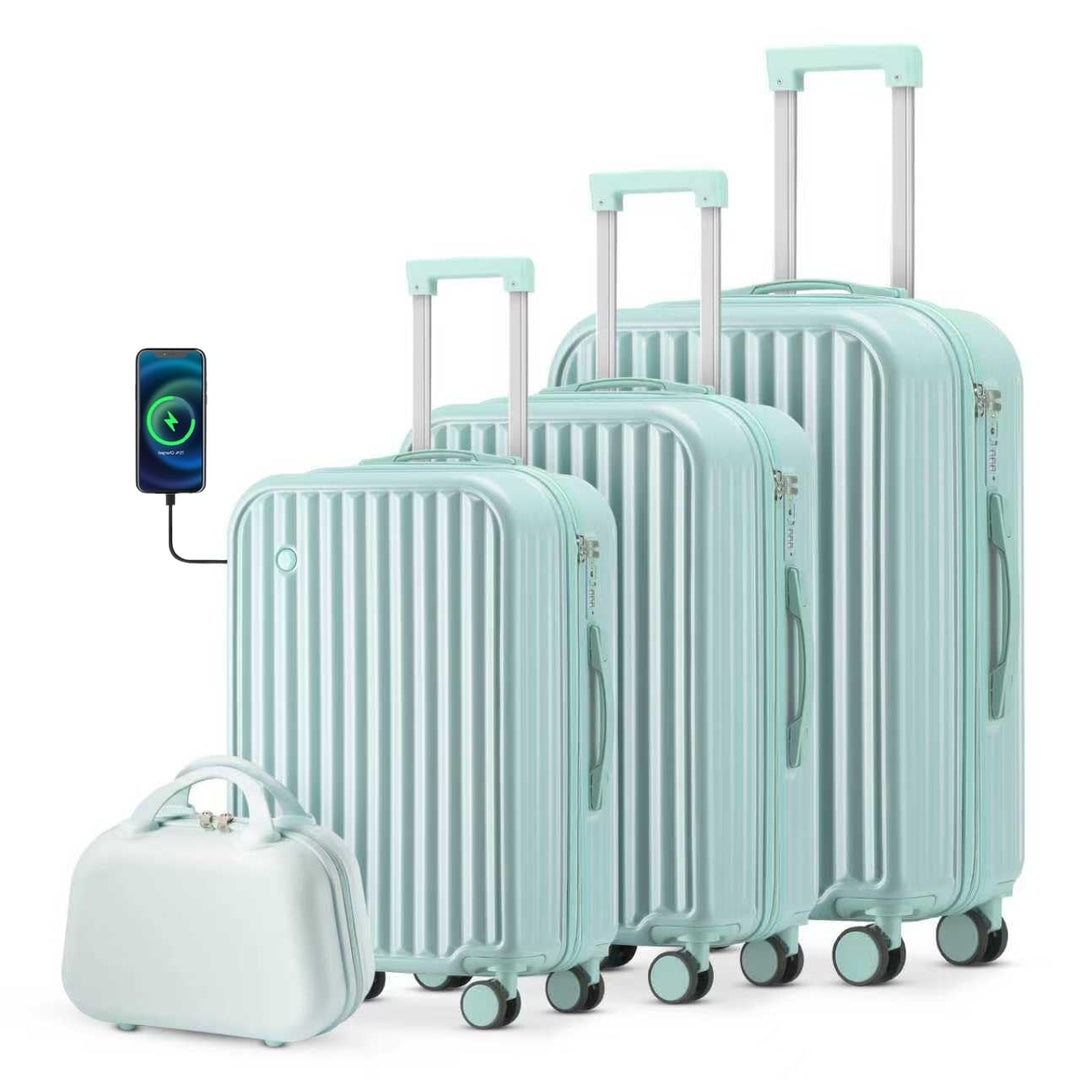 Kofferset 4 Teilig Hartschale Koffer Set mit Kosmetikkoffer Gepäcksets mit Getränkehalter USB-Anschl