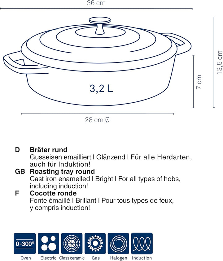 kela Bräter Gusseisen rund 3,2 Liter, Dutch Oven CALIDO, Induktion Gussbräter mit Deckel, Gusseisen