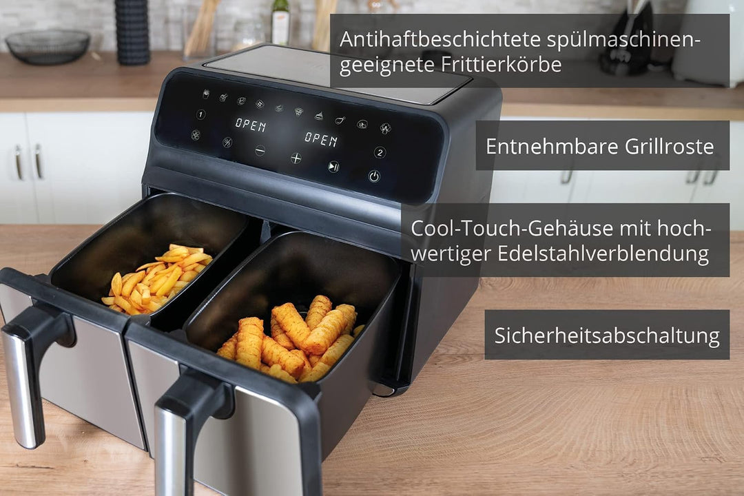 Unold 58685 Heissluftfritteuse Doppelkammer Twin Zone - Doppel-Heissluftfritteuse, 1.700 Watt, 8 Lit