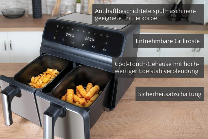 Unold 58685 Heissluftfritteuse Doppelkammer Twin Zone - Doppel-Heissluftfritteuse, 1.700 Watt, 8 Lit