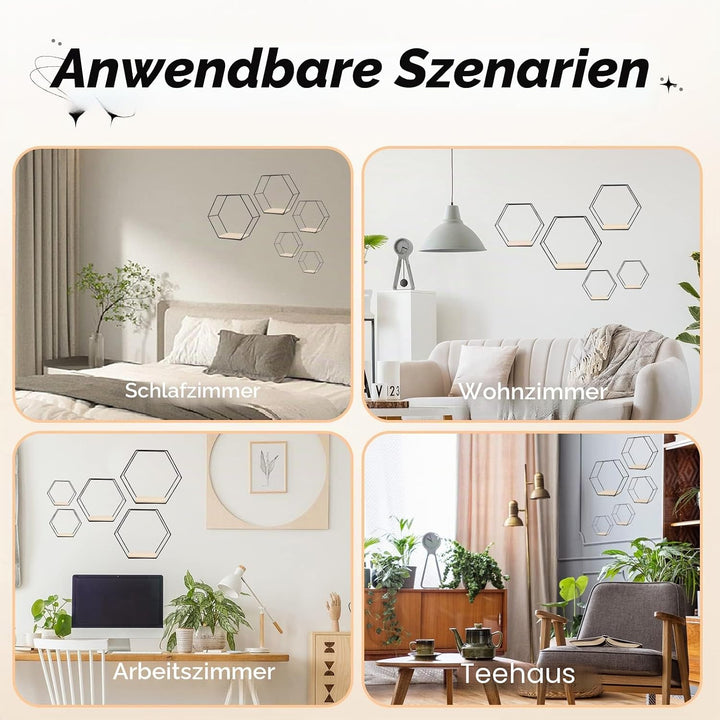 Hexagon Wandregal Ablage aus Holz Metall, 5 Grössen Hängeregal Schweberegal Gitterregal Wanddeko Dek