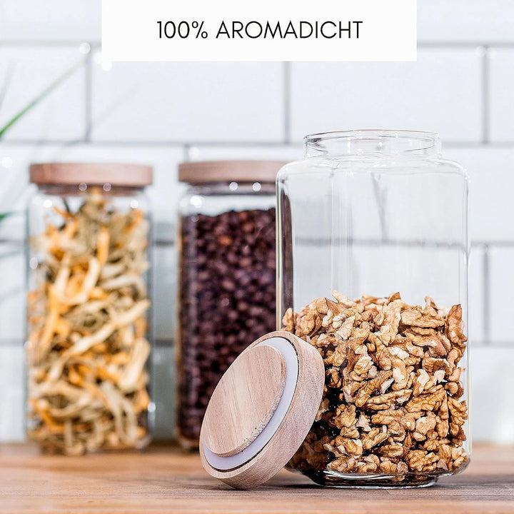 Econovo® Vorratsgläser eckig Set mit Deckel 1200ml (3-teilig) aus mundgeblasenem Borosilikatglas, st