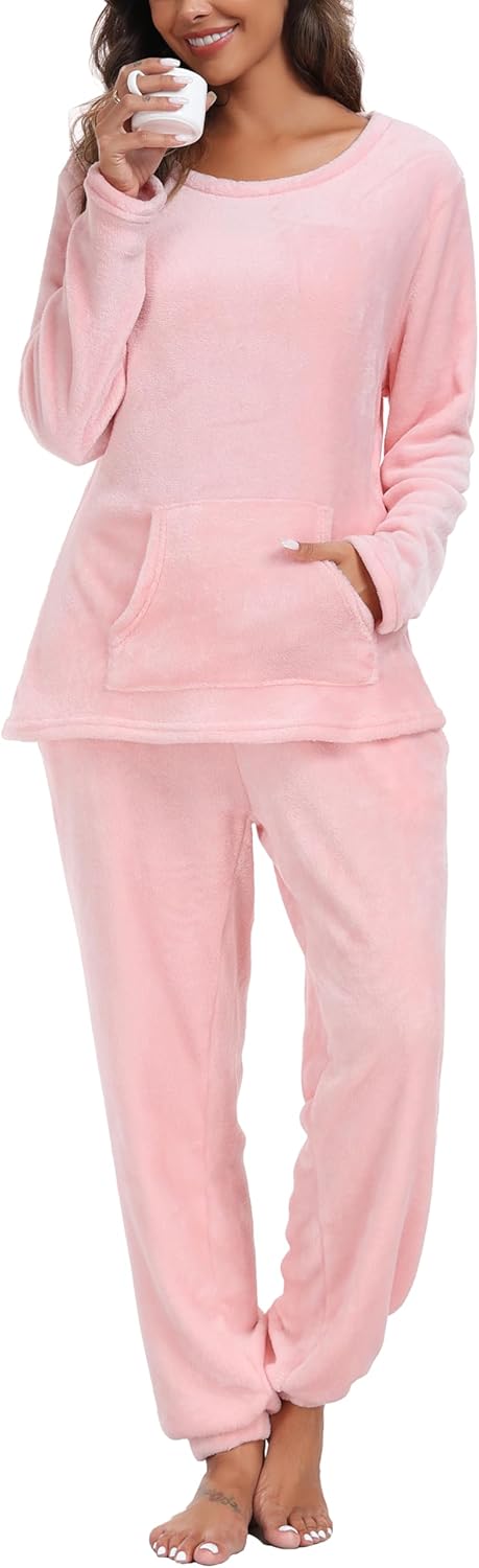 Lovasy Fleece Schlafanzug Damen Lang Winter Warmer Pyjama Set Flauschiger Frottee Schlafanzüge für D