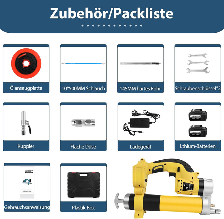 ASUNCELL Akku-Fettpresse 18V, Elektrische Fettpresse Kit mit 2 Batterien und Ladegerät, 8000 PSI Bür