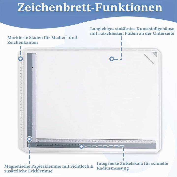 Zeichenbrett 51 x 37 cm, Zeichenplatte A3, Multifunktionales Technisches Zeichnen mit Parallelbewegu