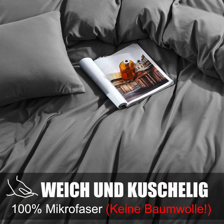 Soifox Bettwäsche 200x220 Grau Anthrazit - bettwäsche-Sets aus Mikrofaser bügelfrei & knitterfrei Be
