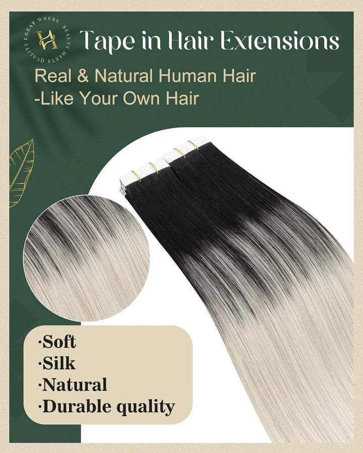 Ugeat Tape Extensions Echthaar Platinblond Ombre 40 cm Ombre Echthaar Extensions Tape Naturschwarz O
