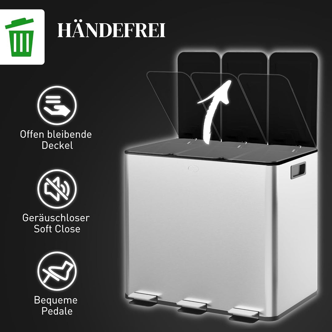 HOMCOM Mülleimer Küche 3 x 15 L Treteimer mit Softclose-Deckel und Pedal Mülltrennsystem 3 Fächer in