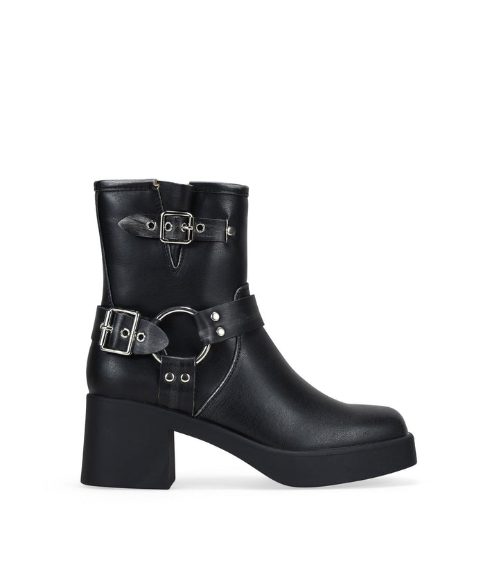 BOSANOVA Damen-Stiefel mit niedrigem Absatz, dekorative Metallschnallen, breiter Schaft, quadratisch