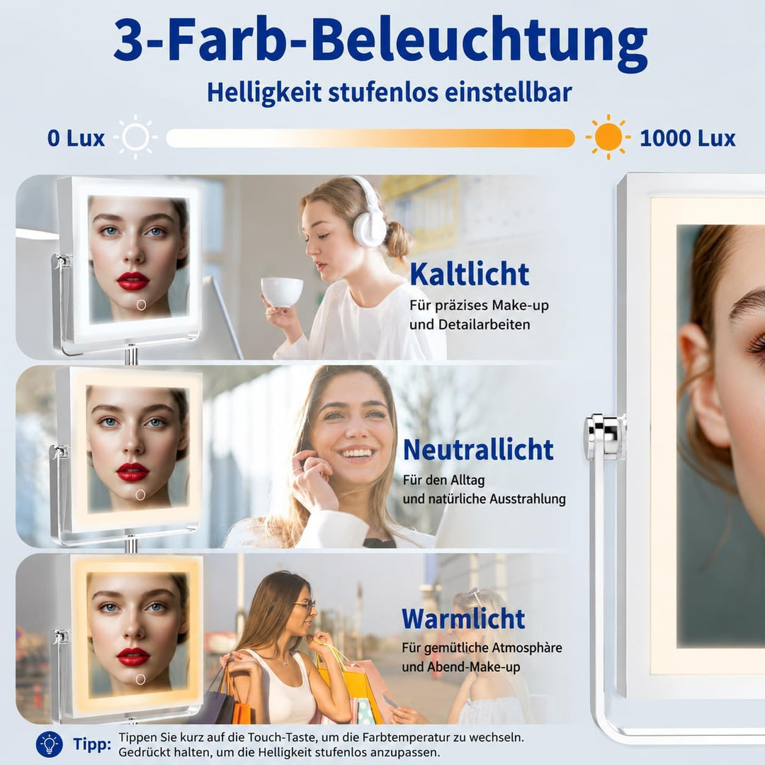 Ruacq Wiederaufladbarer Wand-Make-up-Spiegel mit Beleuchtung, doppelseitig, 1-fach/10-fache Vergröss