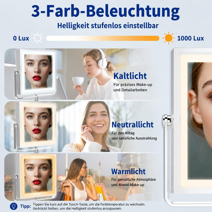 Ruacq Wiederaufladbarer Wand-Make-up-Spiegel mit Beleuchtung, doppelseitig, 1-fach/10-fache Vergröss