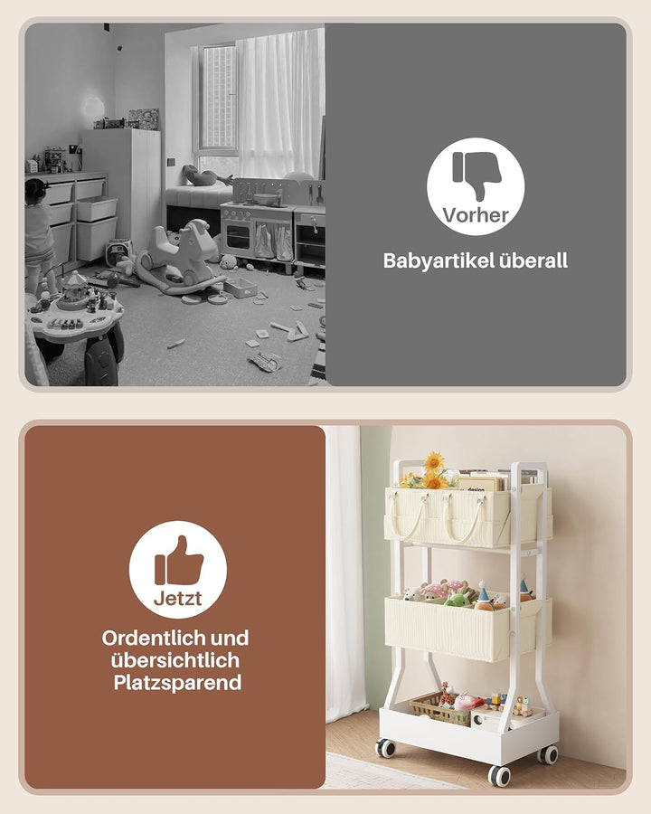 Wickeltisch Organizer, 3 Etagen Wickeltisch Rollwagen mit Abnehmbar Wickelkorb, 2 in1 Baby-Windelwag
