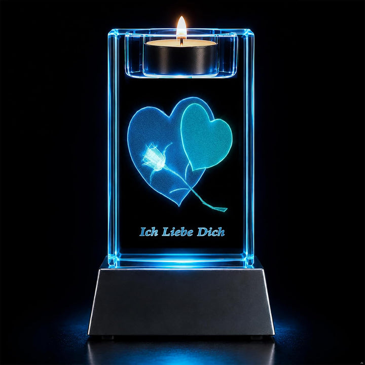 Kaltner Präsente Stimmungslicht LED Kerze/Kristall Glasblock / 3D-Laser-Gravur Teelichthalter Herz R