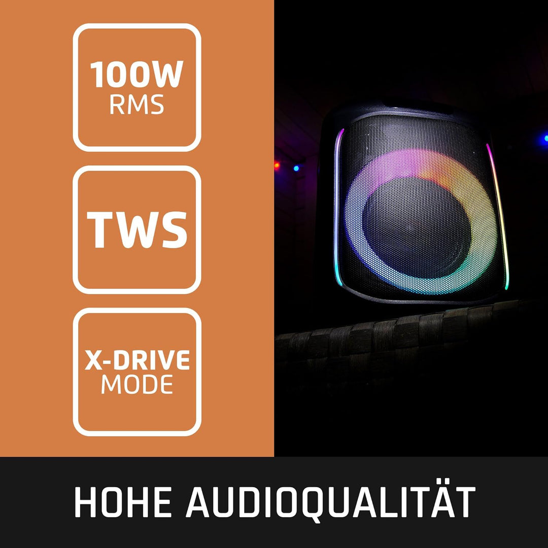 Lenco PA-100 Bluetooth PartyBox - Tragbarer Party-Lautsprecher - Bluetooth 5.0 mit TWS - IPX4 - Part