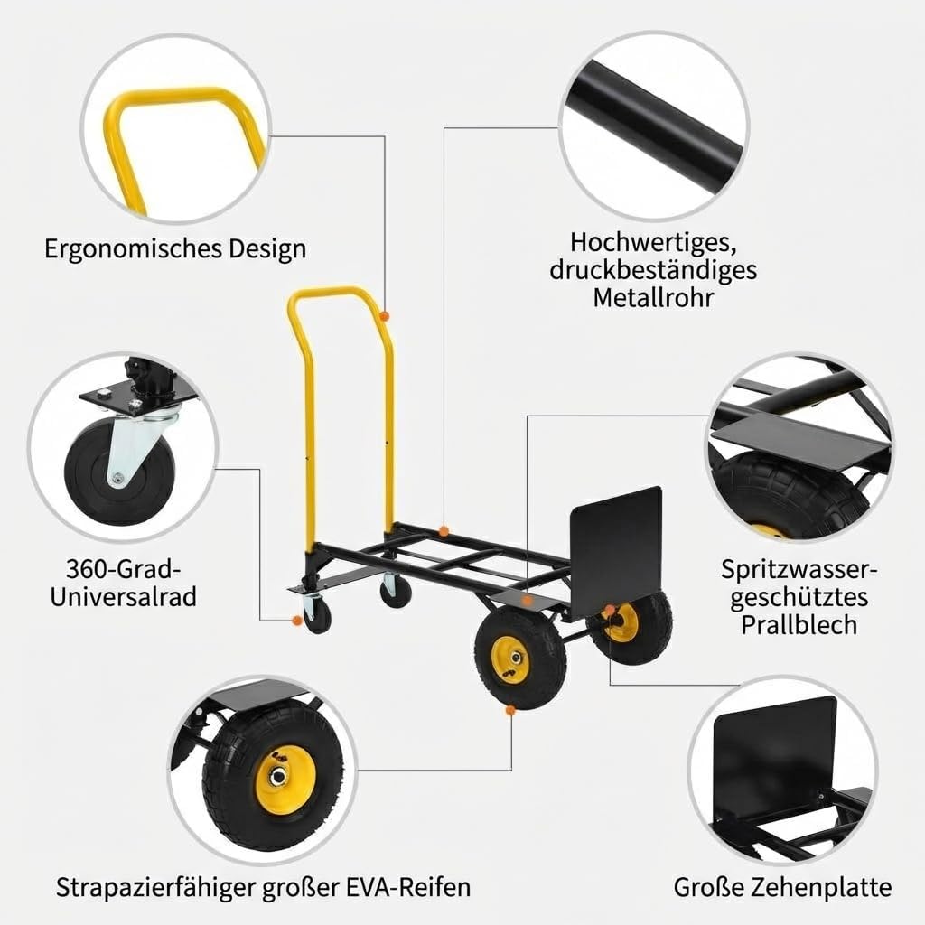 2-in-1 Transportwagen Handwagen Faltbar Mit 4 Pannensicheren Rädern, Schwerlast Tragkraft 362kg – Id