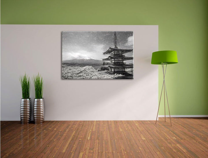 Pixxprint Mount Fuji in Japan Kohle Effekt, Format: 100x70 auf Leinwand, 100x70
