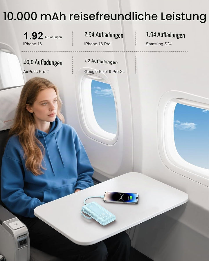 Powerbank mit integrierten Kabeln, 10000mAh, 22,5W Schnellladefunktion, USB-C LED-Anzeige, tragbares