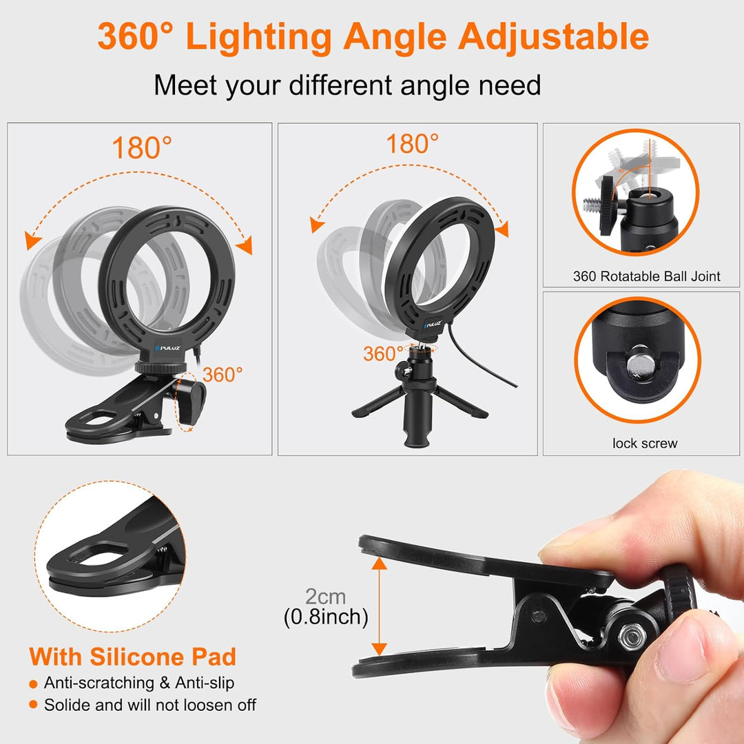 PULUZ Ringlicht Laptop mit 72LED, 6 Zoll Videokonferenz Licht mit Clip & Stativ 3 Lichtfarben+Hellig