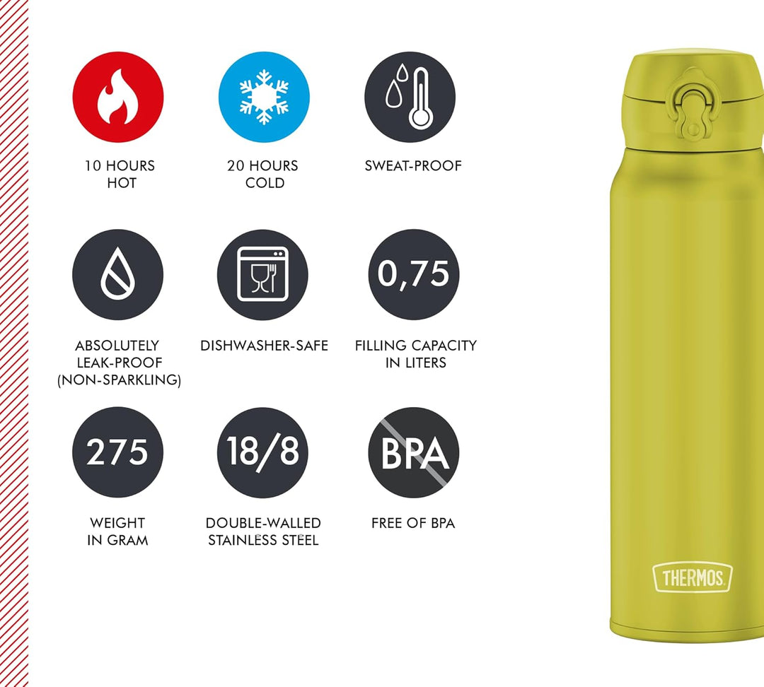 THERMOS ULTRALIGHT BOTTLE 0,75l, glowing green mat, Thermosflasche aus Edelstahl, 10 heiss / 20 h ka