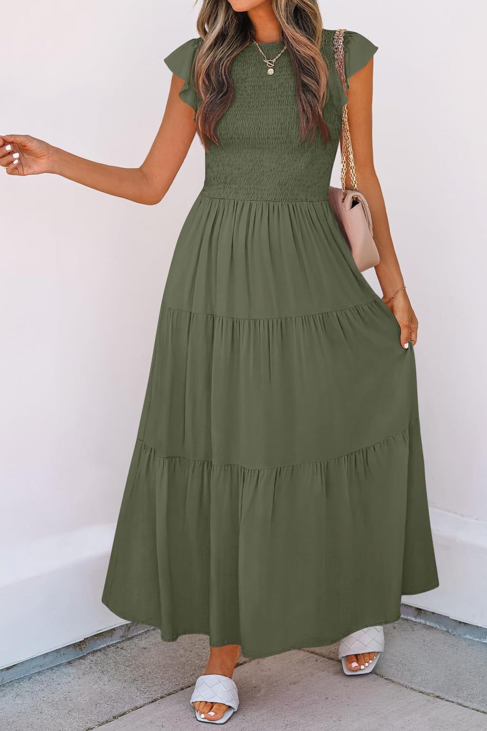 Damen Sommerkleid A Linie Kleider Kurzarm Kleid Midi Freizeitkleid Armeegrün S, Armeegrün S