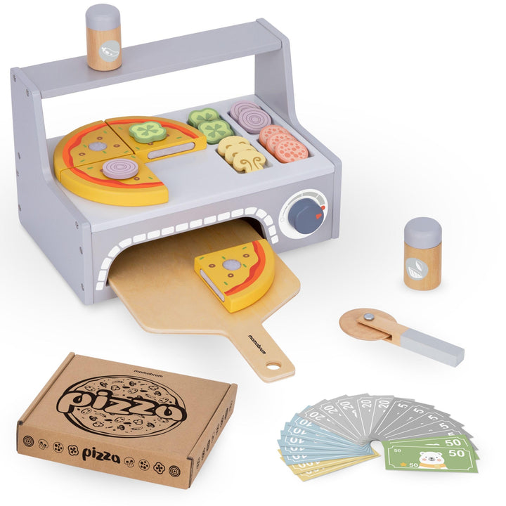 Mamabrum Holz Pizza-Backset mit Pizzaofen, Pizzastücke mit Klettverschluss, Zutaten-Scheiben, Spate