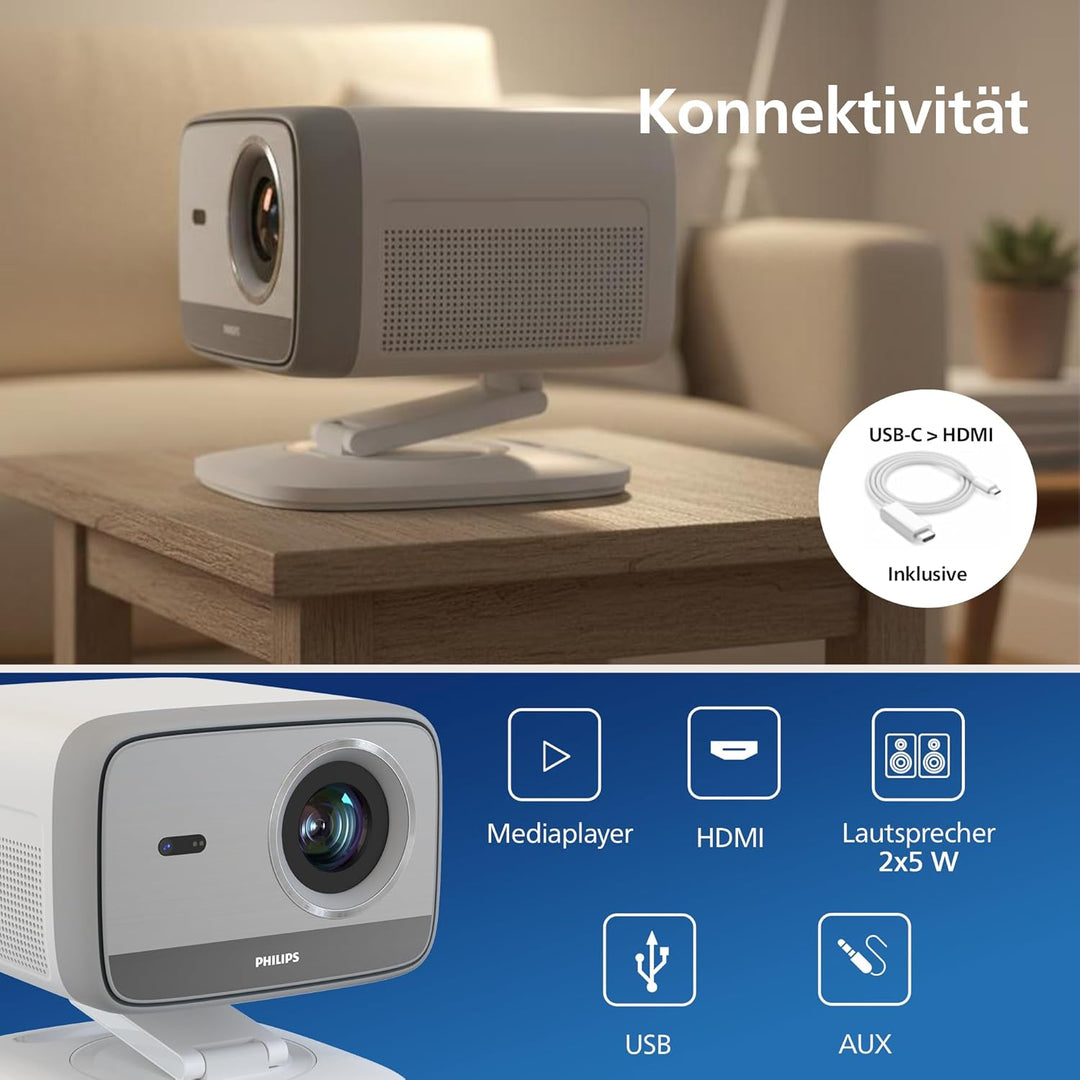 Philips Neopix 444 Projektor 4K Native Auflösung 1080p 500 Lumen ANSI Stereo Sound 10W Autofokus Aut