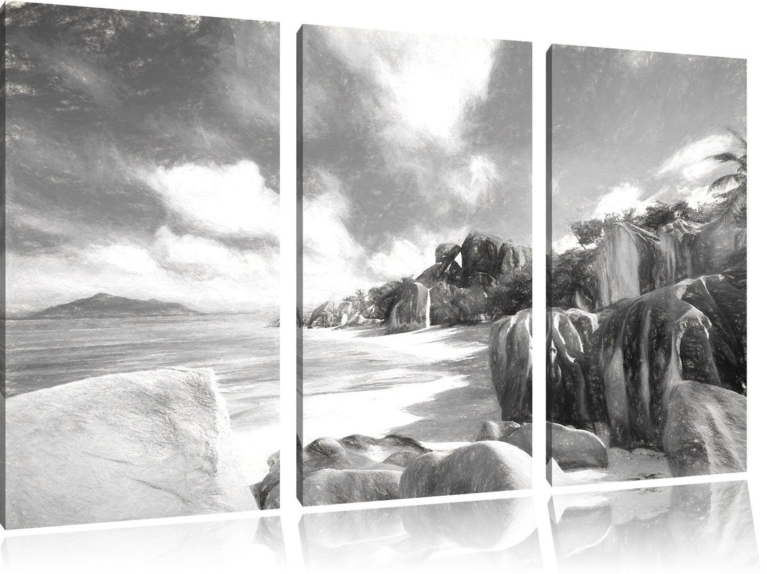 Pixxprint Seychellen Strand Kunst als Leinwandbild/Grösse: 3 Teilig (120x80) / Wandbild/Kunstdruck/f