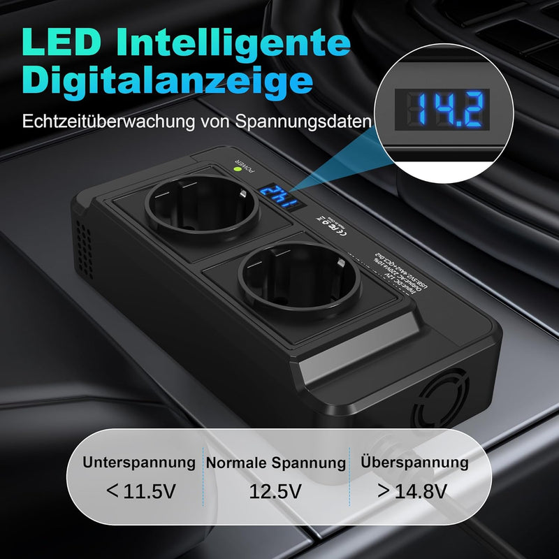 200W Auto Spannungswandler Wechselrichter DC 12V to AC 230V mit 2 Steckdosen und 4 USB Ports Schnell