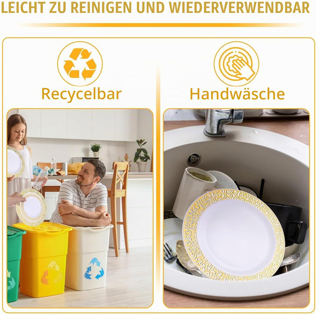 AKOLAFE 50 Weisse Plastikteller mit Goldrand, 2 Grössen Mehrweg Kunststoffteller 19cm und 26cm Stabi