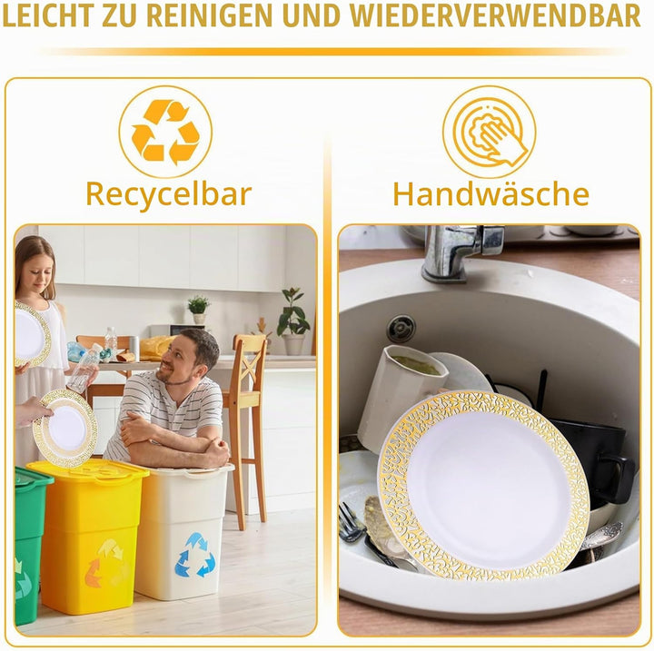 AKOLAFE 50 Weisse Plastikteller mit Goldrand, 2 Grössen Mehrweg Kunststoffteller 19cm und 26cm Stabi