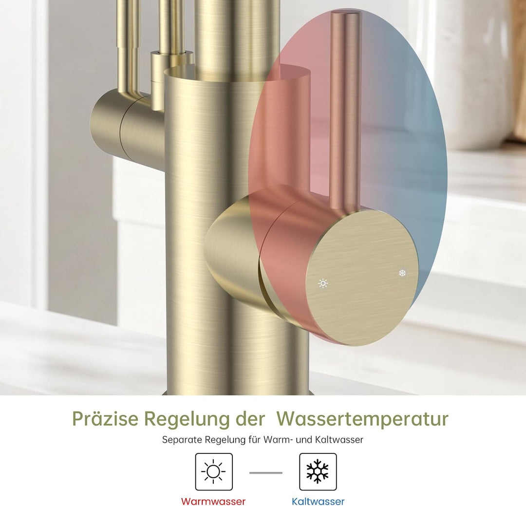 3 Wege Wasserhahn Küche, Gold Gebürstet 3 in 1 Wasserhahn Küche Ausziehbar | 360° Drehung Wasserhahn