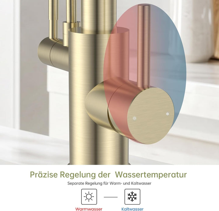 3 Wege Wasserhahn Küche, Gold Gebürstet 3 in 1 Wasserhahn Küche Ausziehbar | 360° Drehung Wasserhahn