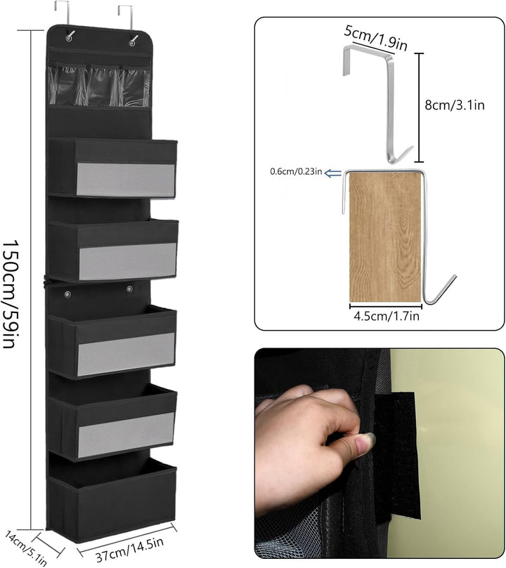 YTACREA Hängeorganizer, Removable Hängeaufbewahrung Tür mit 5 Lagig Taschen, Tür organizer mit 4 Hak