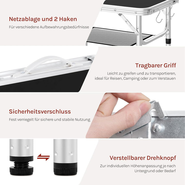 WOLTU Klapptisch Höhenverstellbar 25/36/50/60 cm, 60x40cm Tischplatte, mit Aufbewahrungsnetz und Hak