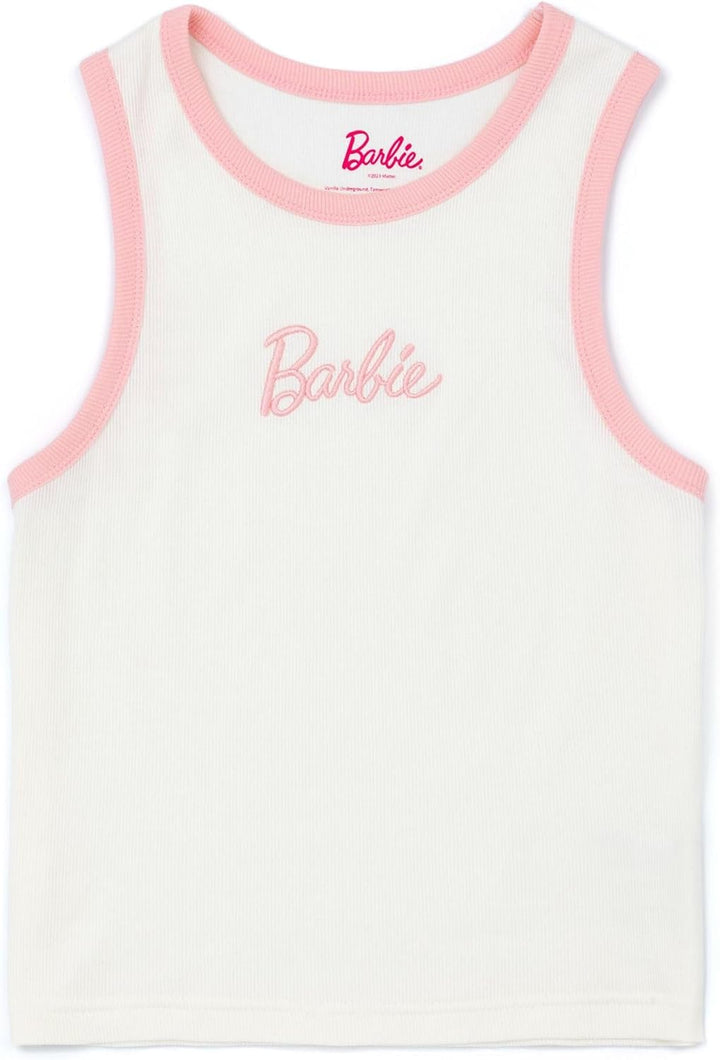 Barbie Damen Kurzer Pyjama | Damen Puppenlogo gerippte weisse Weste mit rosa elastischen Shorts Klei