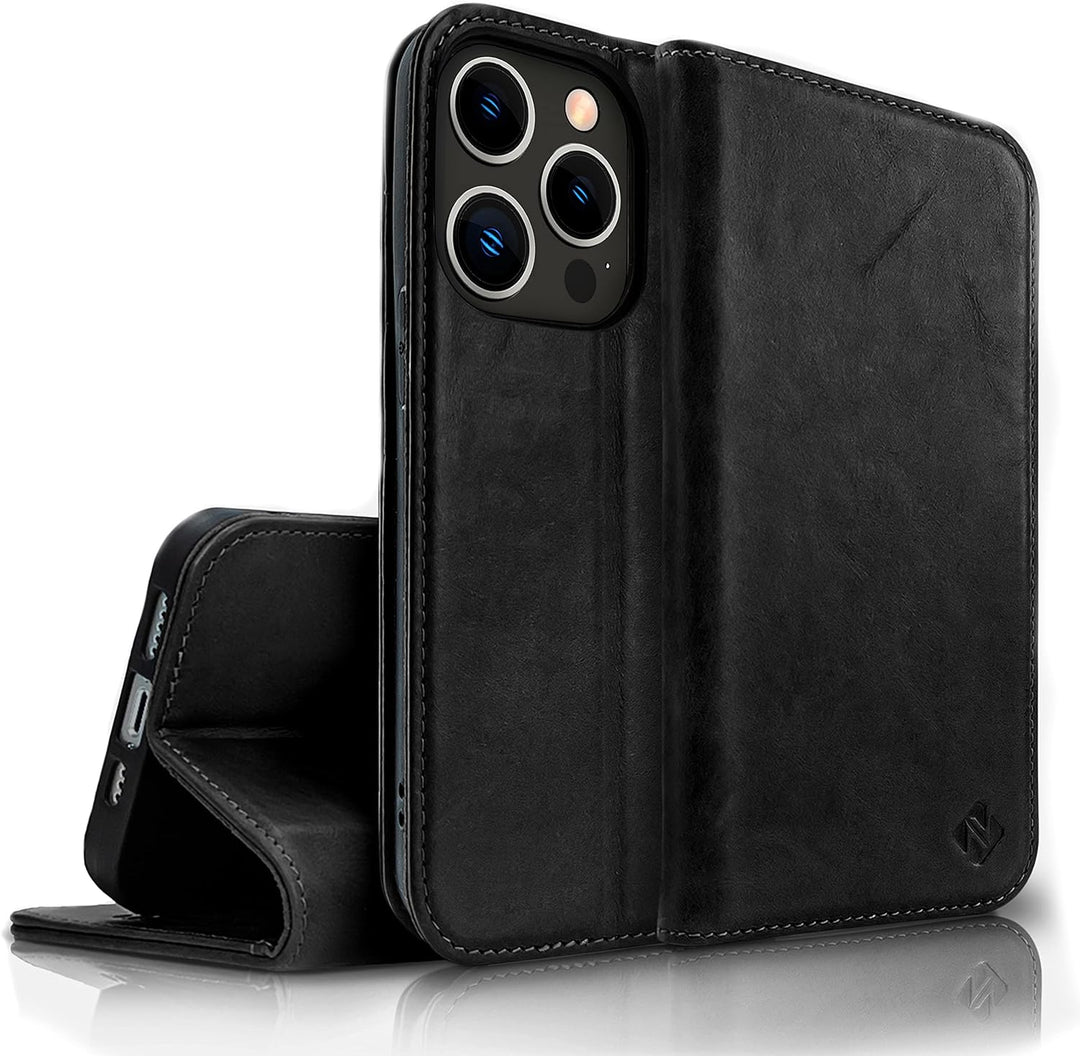 NALIA Echt-Leder Flipcase kompatibel mit iPhone 14 Pro Max Hülle, Handgefertigt Rindsleder Schutzhül