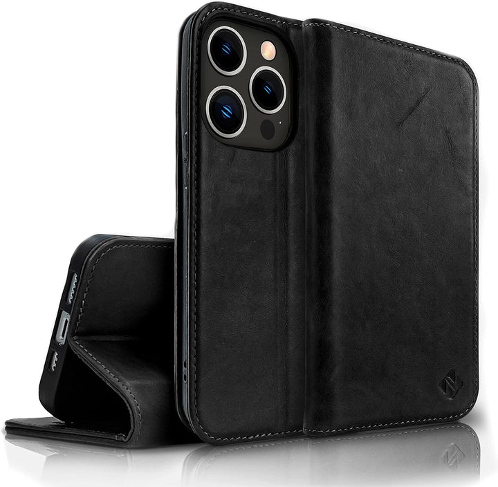 NALIA Echt-Leder Flipcase kompatibel mit iPhone 14 Pro Max Hülle, Handgefertigt Rindsleder Schutzhül