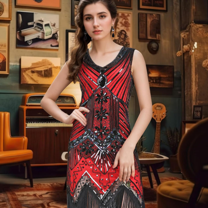 ELECLAND 1920er V-Ausschnitt Pailletten Perlen Fransenkleid mit 20er Accessoires Set S Red (Style 2)