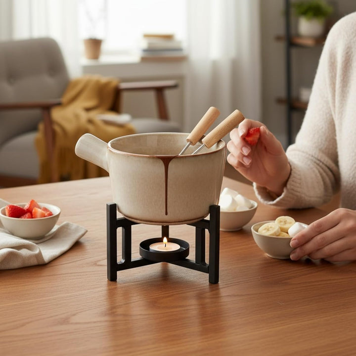 MIJOMA Fondue Set für 2 Personen – Keramiktopf mit Metallgestell & Edelstahlgabeln – Schokoladen- &
