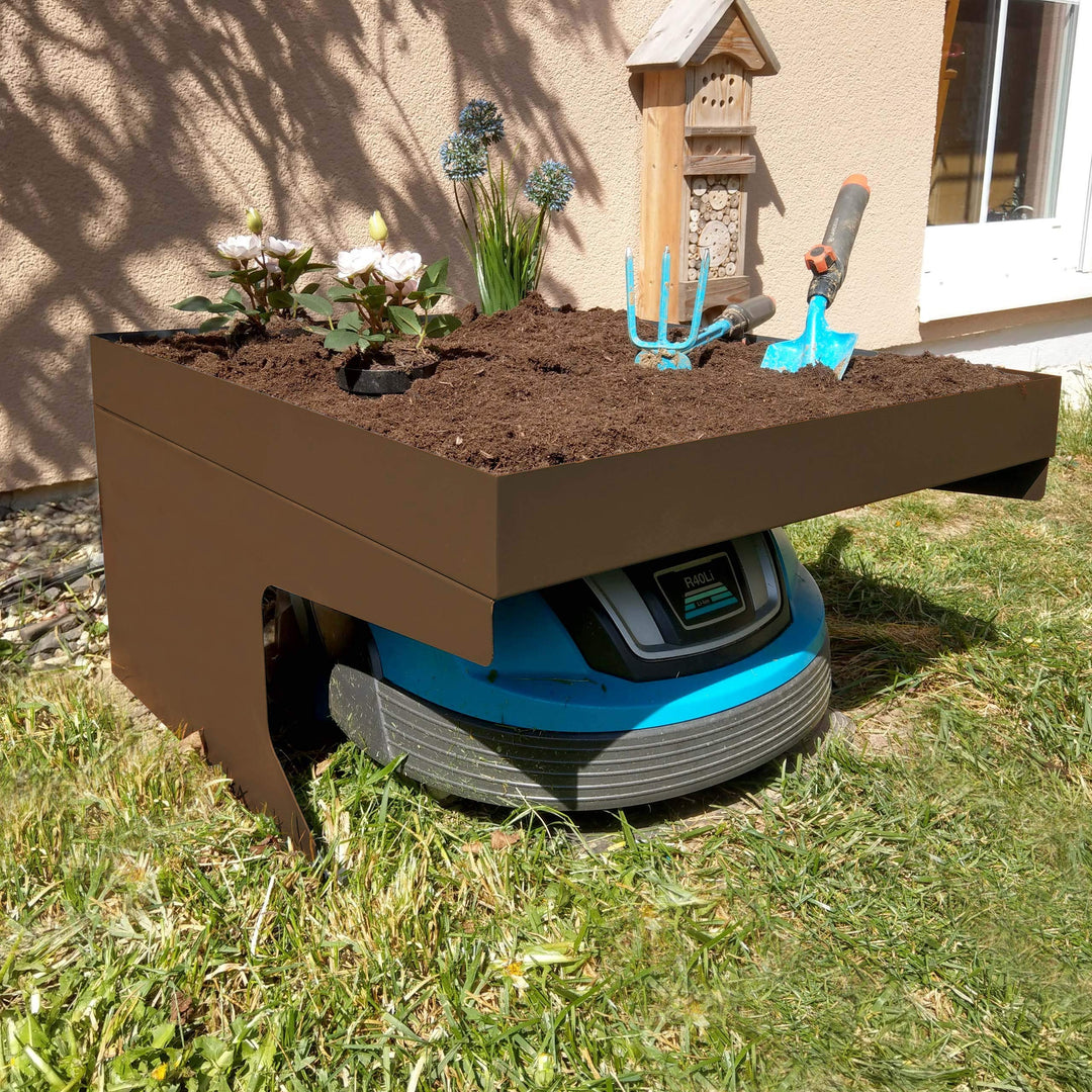 Mähroboter-Garage mit Pflanzkasten HWC-G60AM, Dach Unterstand für Rasenmäher, Metall 37x60x70cm - br