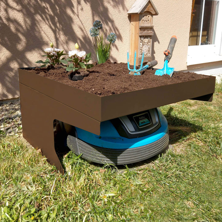 Mähroboter-Garage mit Pflanzkasten HWC-G60AM, Dach Unterstand für Rasenmäher, Metall 37x60x70cm - br