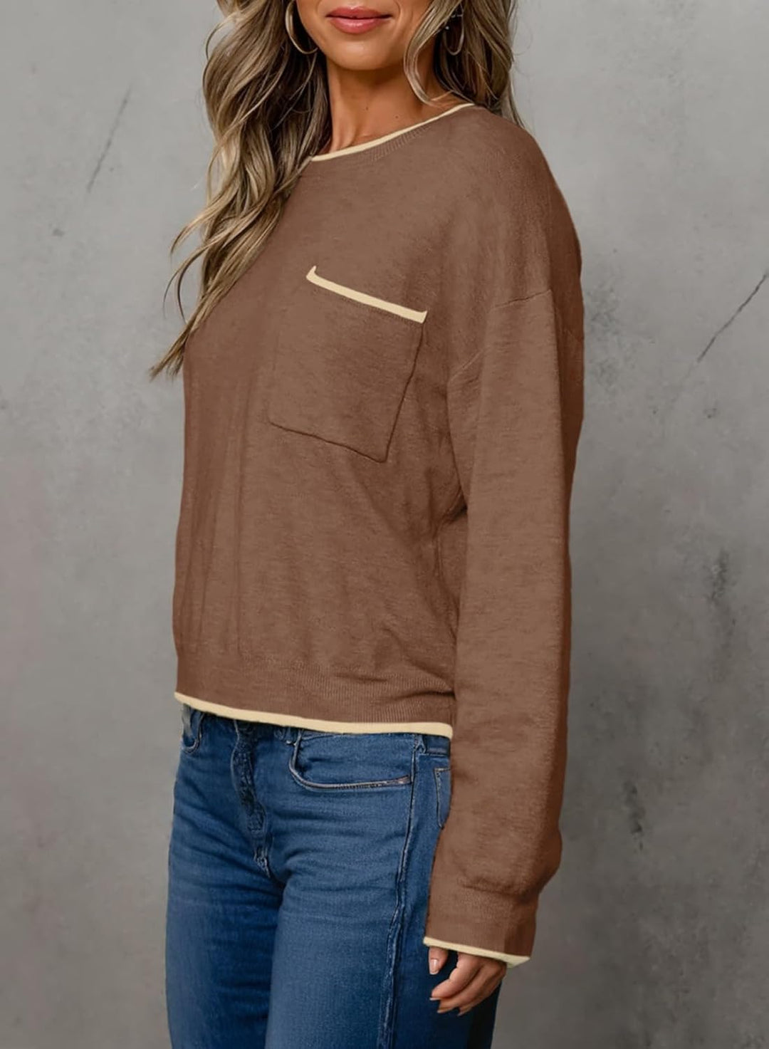 Dokotoo Pullover Damen Herbst Winter Strickpullover Rundhals Oberteil mit Brusttasche Langarm Warm P