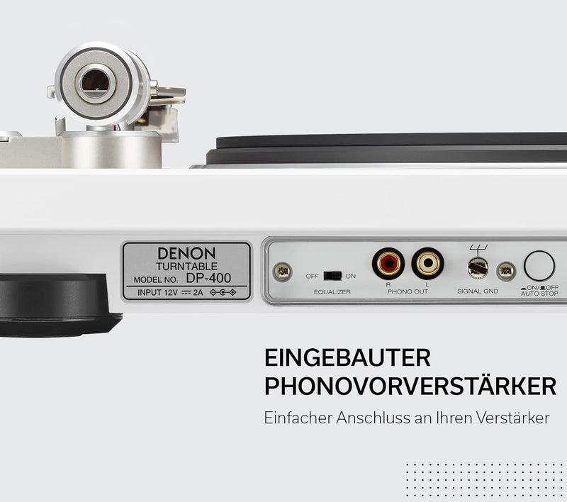 Denon DP400BKEM Plattenspieler (Riemenantrieb, Tonarmlift, eingebauter Vorverstärker, S-Tonarm) Weis